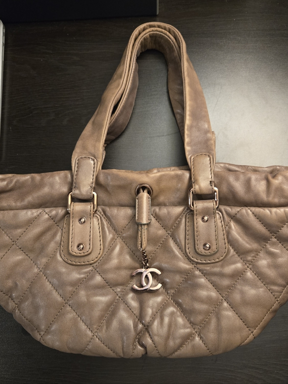 CHANEL Lambskin Quilted Cloudy Bundle East West Tote Light Brown